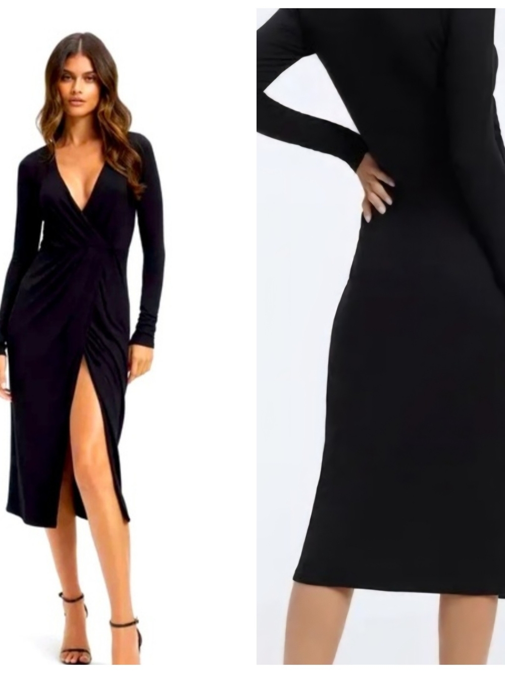 Good American Black Long-Sleeve Faux Wrap Midi Dress with Thigh Slit Size 1